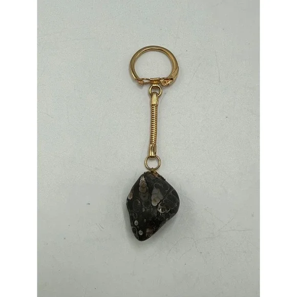 Vintage Natural Tumbled Fossil Stone Keychain Gold Tone Snake Chain Key Ring