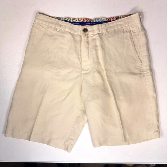 Tommy Bahama Linen Tencel Blend Flat Front Summer Resort Shorts Beige Mens 34