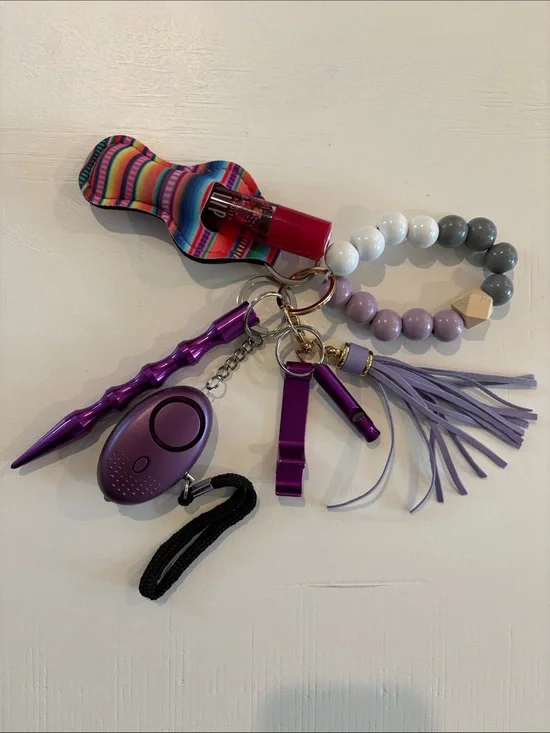 Purple Beaded Tassel Keychain Wristlet with Safety Tools