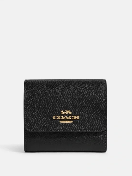 Coach- Black Leather Trifold Card Case with Gold Hardware