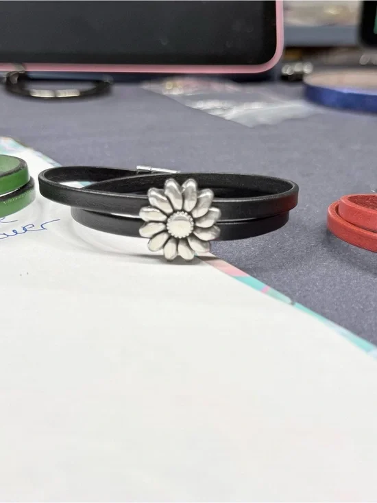 Black Leather Wrap Bracelet with Silver Daisy Accent