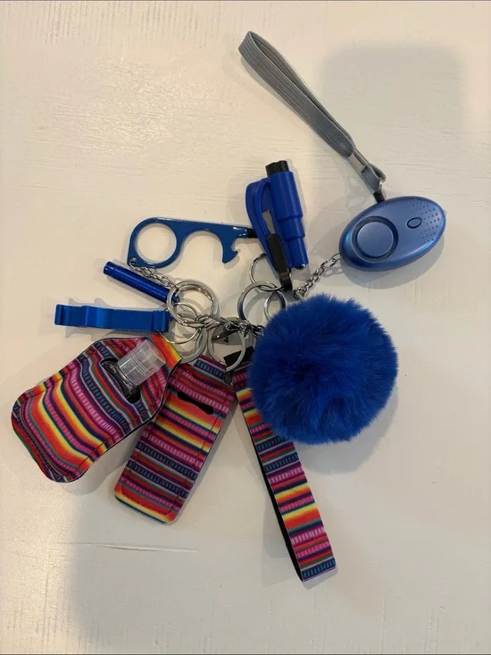 Women’s Blue Pom Pom Keychain Set with Safety Alarm & Sanitizer Holder