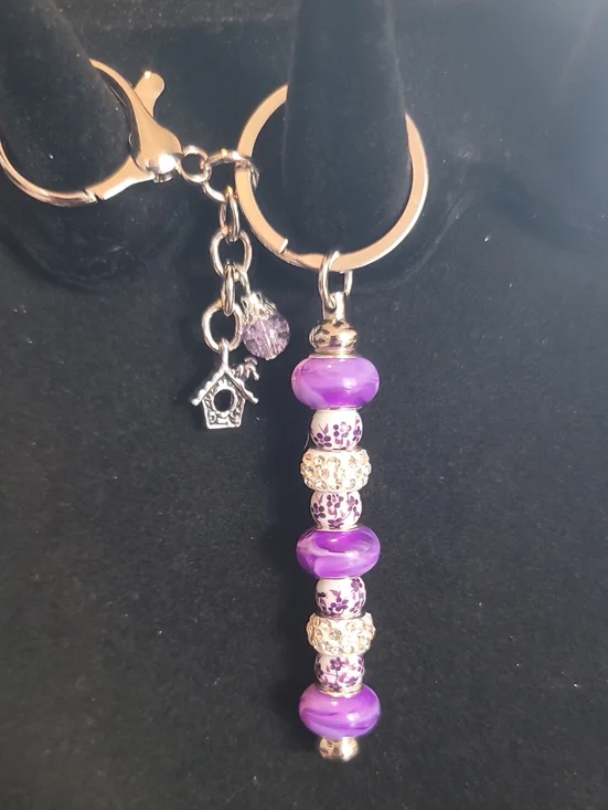 Purple Drop Bead Keychain- Birdhouse Charm