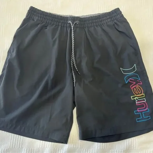 Hurley Board Shorts Swim Trunks Hybrid Shorts Pockets Lace Up Black Mens Size XL