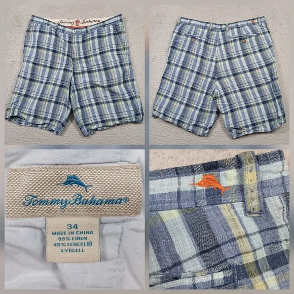 Tommy Bahama Plaid Shorts Men's 34‎ Blue Linen Tencel Flat Front