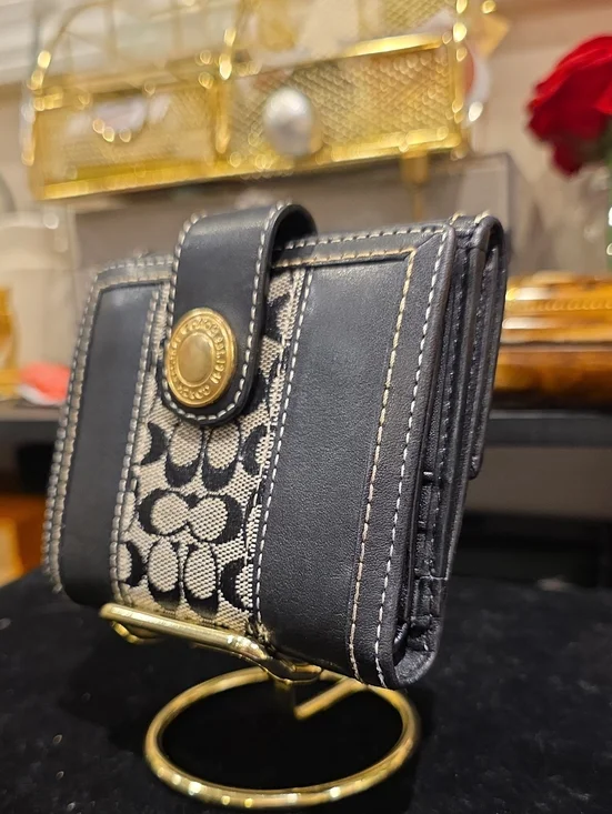 Coach Black Signature Canvas Card Holder with Gold-Tone Snap
