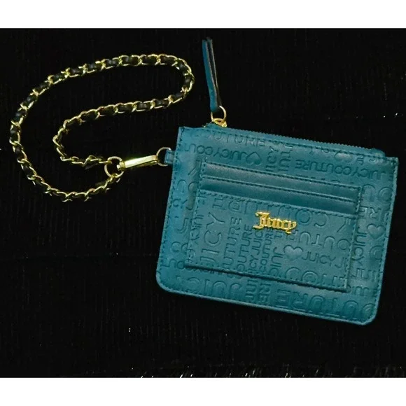 Juicy‎ Couture Card Holder Womens OS Teal Embossed Logo Chain Wristlet