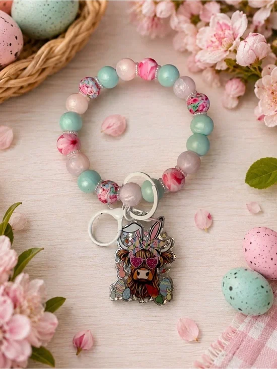 Handmade Beaded Pastel Wristlet Keychain Bracelet with Floral Cow Charm