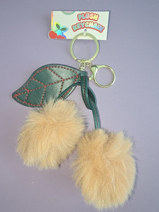 Green Leaf Pom Pom Keychain / Bag Charm with Tan Fur Cherries, New with Tags!