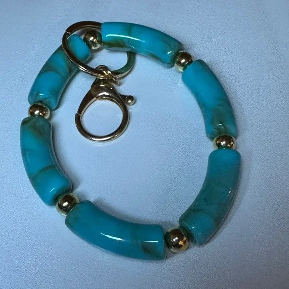 Turquoise‎ Beaded Keychain Bracelet Gold Tone Clasp Bag Charm