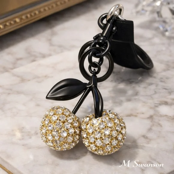 NEW Gold Rhinestone Cherry Bag Charm Keychain Black Hardware NWT