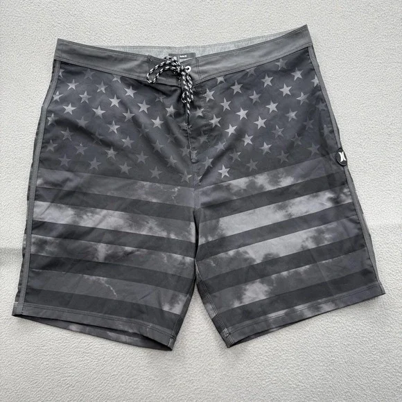 Hurley‎ Board Shorts Mens 38 Gray USA Flag Swim Trunks Stretch Quick Dry