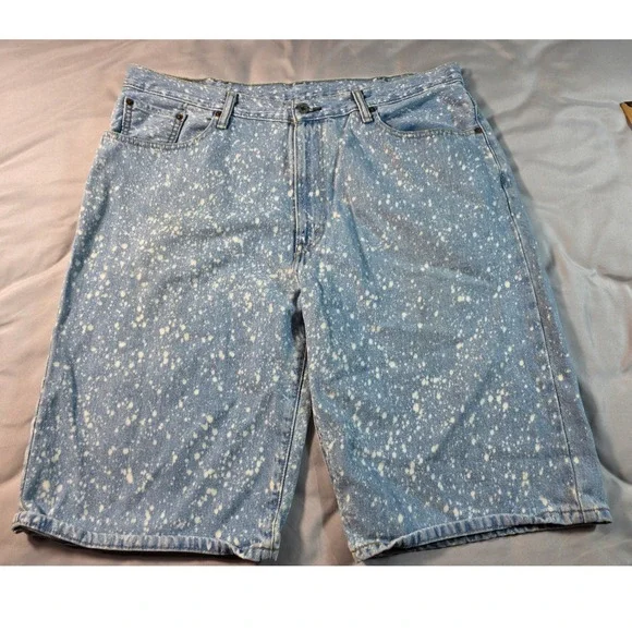 Levi's 569 Denim Shorts Mens W38 Blue Bleach Splatter Loose Straight Fit