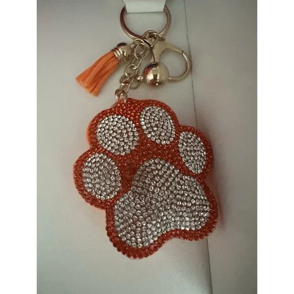 Dog Paw Keychain Crystal Rhinestone Faux Leather Tassel Felt Back - Orange