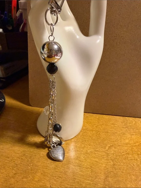 Silver Tone Heart Charm Dangle Keychain with Black Accents