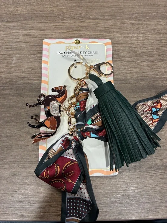 Dark Green Tassel Keychain with Maroon Scarf and Horse Charm