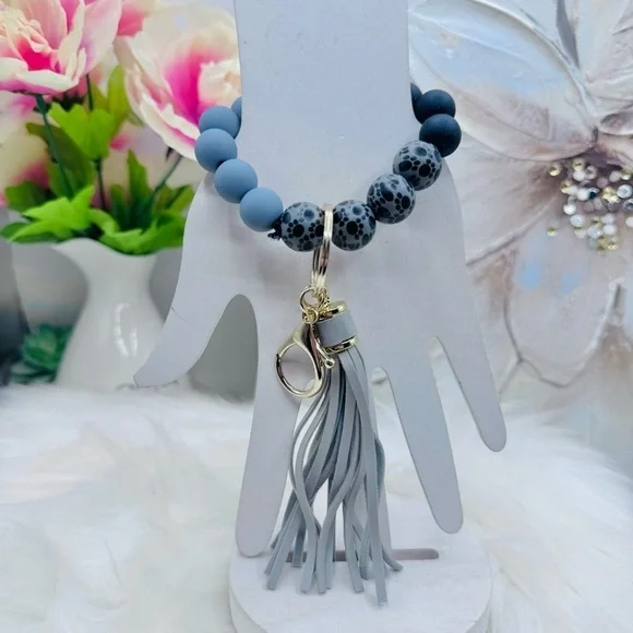 Paw Print Gray & Black Beaded Bracelet w/ Keychain & Tassel
