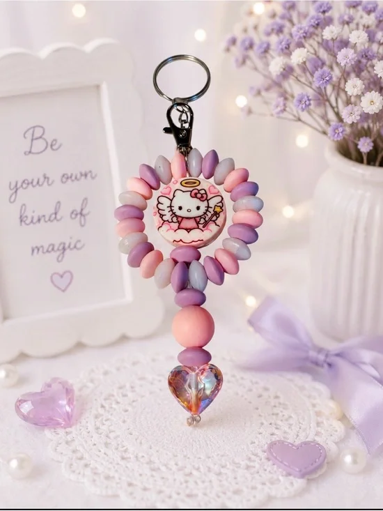 Handmade Angel Beaded Keychain Card in Pink & Purple