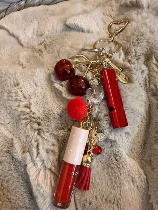Keychain-Hand Crafted Red and Gold Keychain Lip Gloss Charm-Whistle