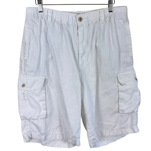Tommy Bahama Relax Mens White 100% Linen Cargo Shorts Elastic Waist Medium