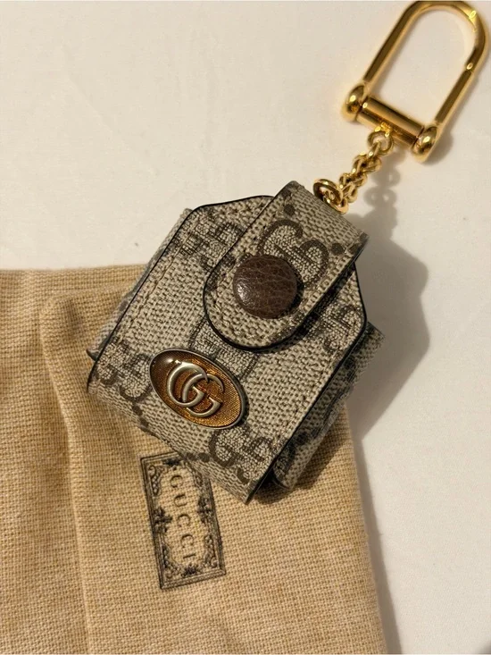 Gucci Beige GG Monogram Mini Key Pouch with Gold Hardware