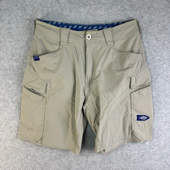 Aftco Pact Fishing Cargo Shorts Men's 28 Khaki Drawstring Stretch Outdoor Aftech