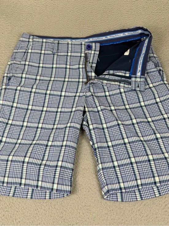 Tommy Bahama Shorts Mens 32 Blue Plaid Performance Flat Front Preppy Casual
