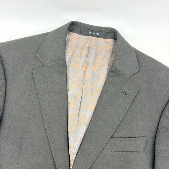 Ted Baker London‎ Mens 40R Wool Suit Jacket Blazer Charcoal Gray Floral Lining