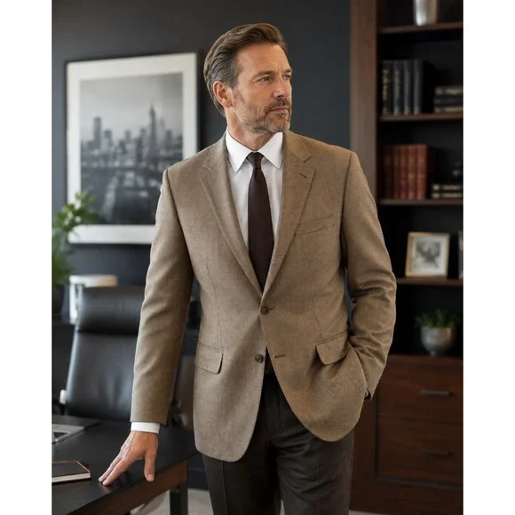 Jos A Bank Blazer Wool Silk Mens Sport Coat Brown Houndstooth Jacket 40 Short