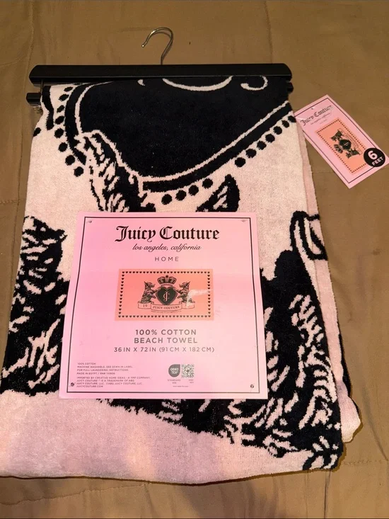 Juicy Couture Black and Pink Signature Logo Beach Towel