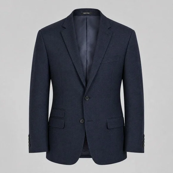 Egara Mens 46R Slim Fit 100% Wool Blazer Navy Blue Houndstooth‎ Sport Coat