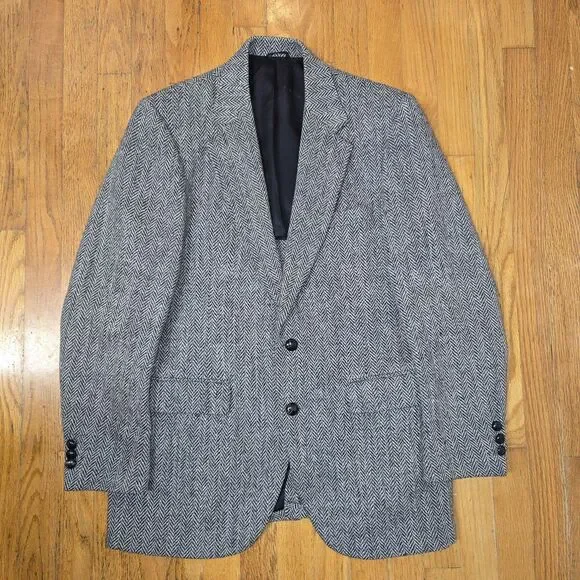Harris Tweed Herringbone Wool Sport Coat Blazer 40 Men Grey Jacket Stafford