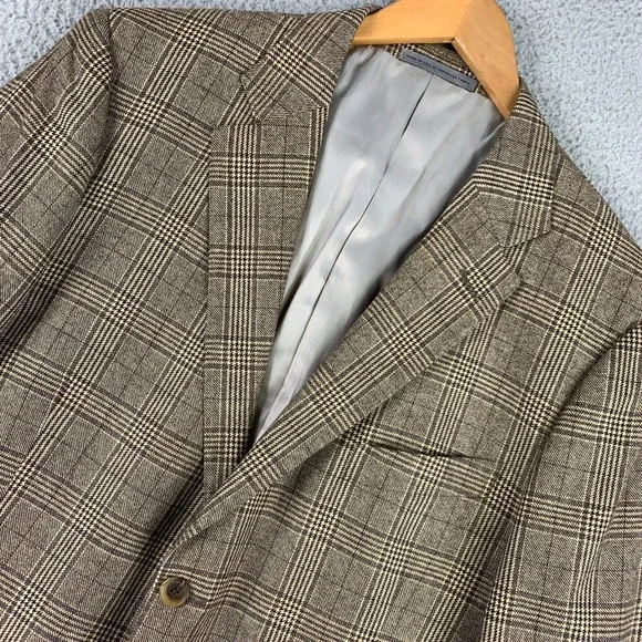 John W. Nordstrom Signature Cashmere Silk Sport Coat Mens 44R Brown Plaid Blazer
