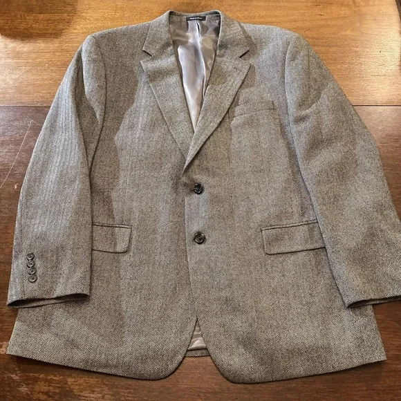 Chaps Blazer Men's 46R Beige Black Herringbone‎ Jacket Sport Coat 100% Wool