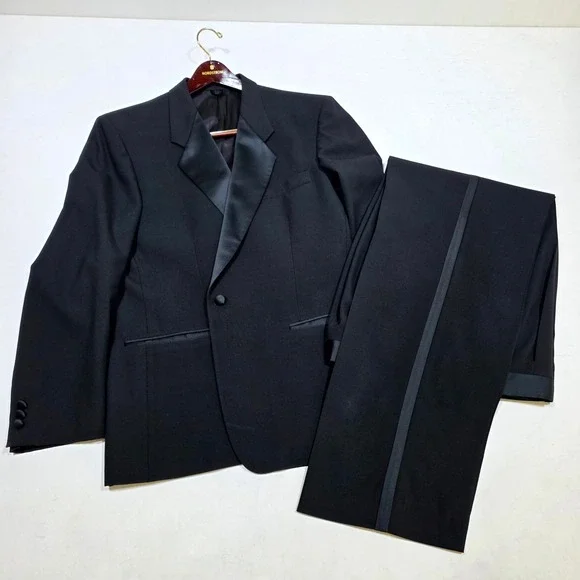 Tallia Tuxedo Suit Mens Black Tie Satin Peak Lapel Formal Wedding Gala 2pc Set