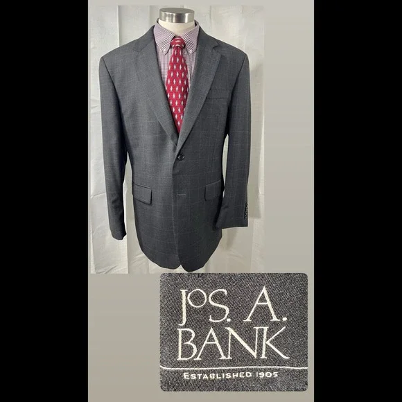 Jos A Bank Men 42R Blazer Sport Coat 100% Charcoal Gray Windowpane Wool 2 Button