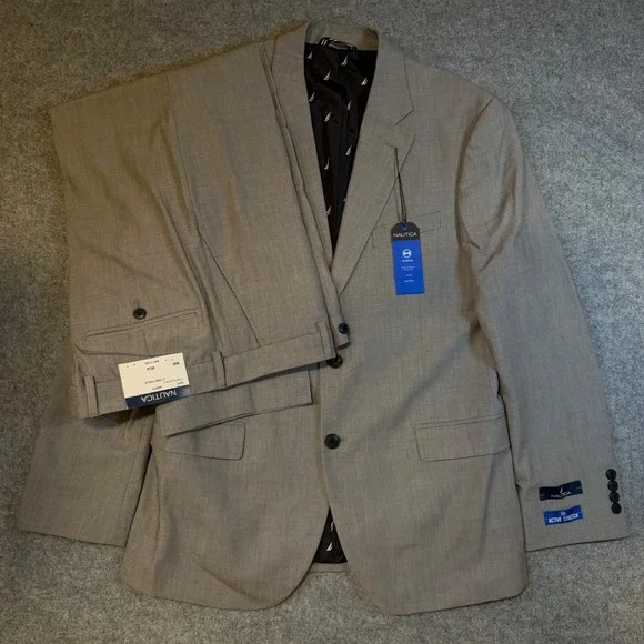 Nautica Mens Gaff Modern Fit 2-Piece Suit Light Grey Active Bi-Stretch 40R W34