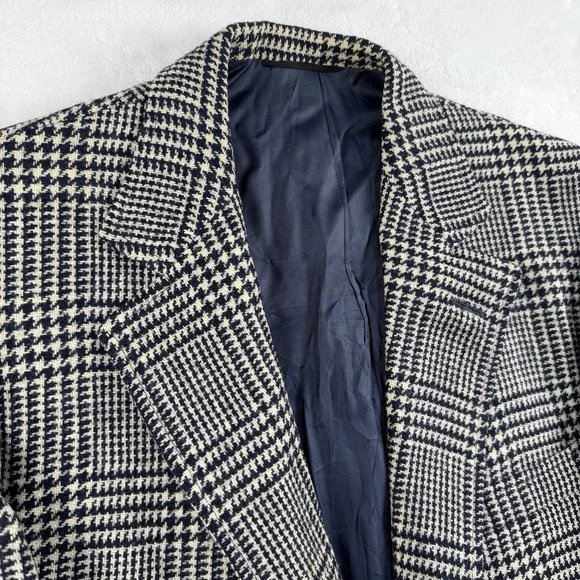 Vtg Tom James Sport Coat Blazer Mens 40S Glen Plaid Navy White Prince Of Wales