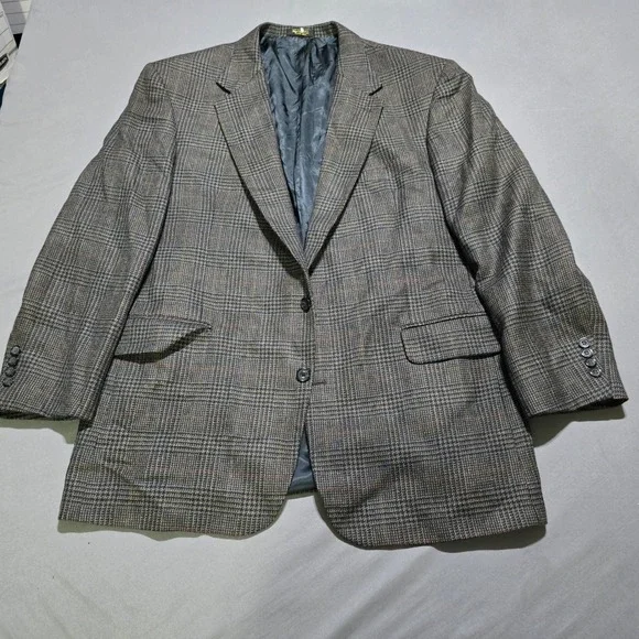 Oscar de la Renta Blazer Mens 48L Brown Glen Plaid 100% Wool Two Button Jacket