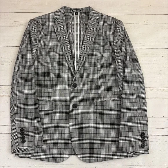 Express Blazer Men Unstructured 38S Gray Glen Plaid Linen Blend Extra Slim Fit