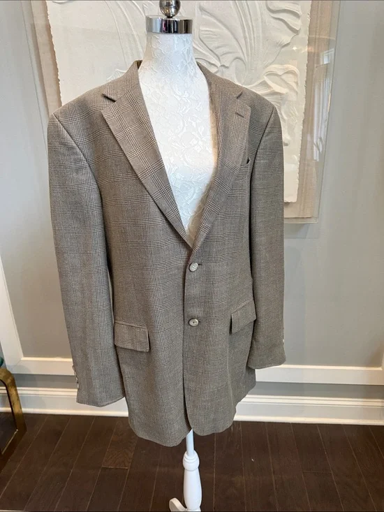 Vintage Oscar de la Renta Glen Plaid Sport Coat Blazer 42L Tan Brown 90s