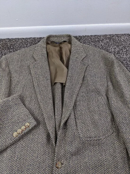 Polo Ralph Lauren Blazer Sport Coat Tweed Silk Tan Blue Herringbone 44L Italy