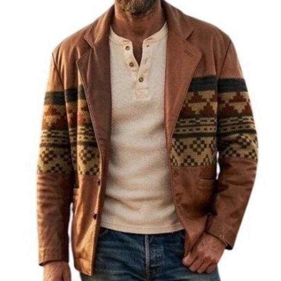 Hurricane Collection Men Butter Soft Leather Southwest Tapestry Blazer‎ Jacket M