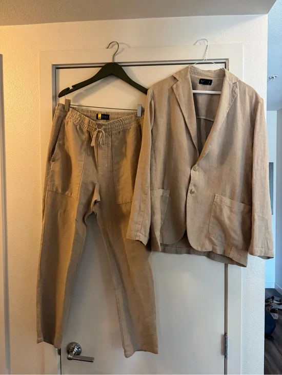 100% Linen Beige Two-Piece Suit Jacket & Drawstring Pants