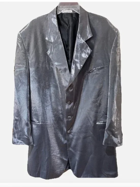 VTG Falcone Mens Luxury Silver Metallic Gray Long Maxi Coat Blazer Jacket Sz 52R