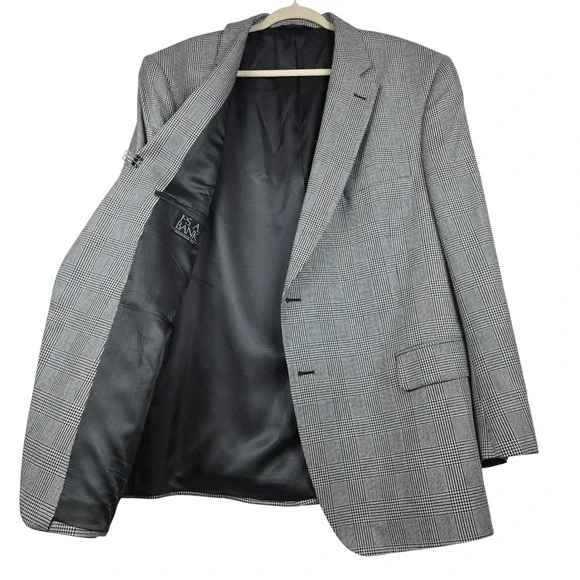 Jos A Bank Mens 48R Silk‎ Wool Blend Glen Plaid Blazer Sport Coat Black White