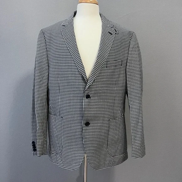 Kroon Sport Coat Mens 44R Navy Gingham Check Wool Blend Bono Blazer Stretch