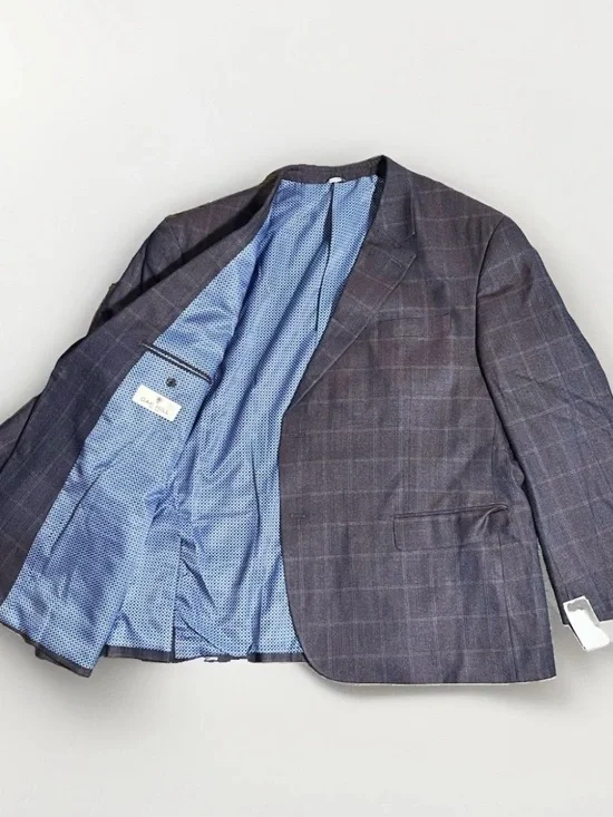 Oak Hill Sport Coat Silk Wool Windowpane Blazer Mens 3XL 54-56R Grey Blue Check
