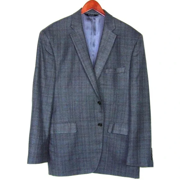 Jos. A. Bank SIGNATURE 2 Button Gray/Blue Plaid Silk/Wool Blazer Men's 44R