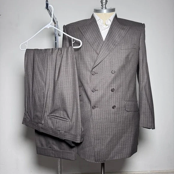 E. Givens Clothier Double‎ Breasted Suit Mens 46L 38x34 Brown Pinstripe Wool